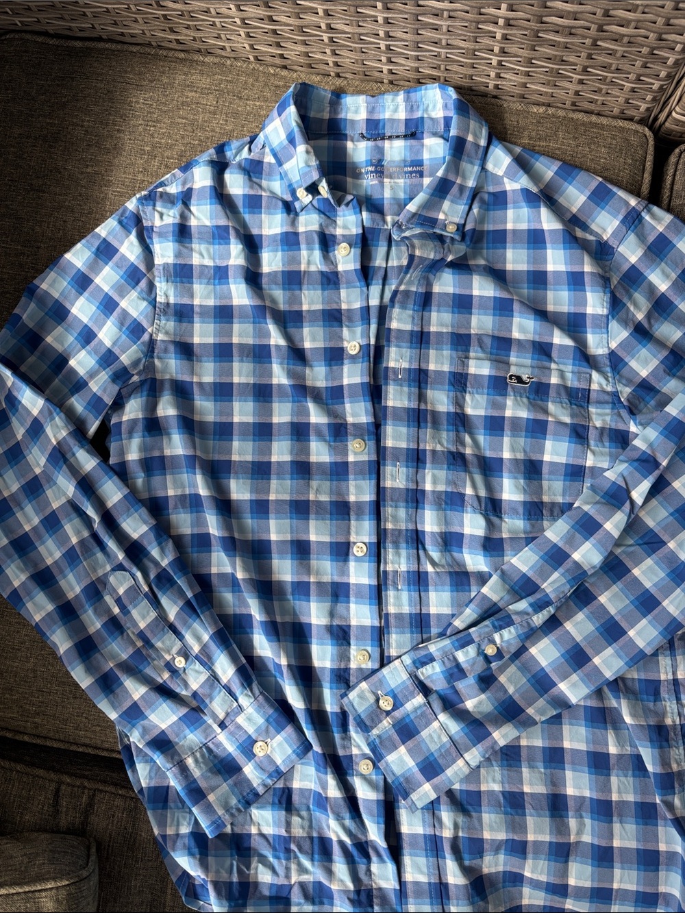 Vineyard Vines Light and Navy Blue Plaid Button-Down Shirt performance material